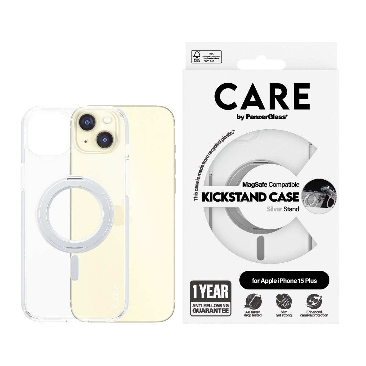 CARE™ by PanzerGlass® Case Transparent w. Silver Kickstand & MagSafe iPhone 15 Plus